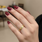 Micro Gold Plated Leaf Engraved Band Ring with Solitaire Emerald CZ
