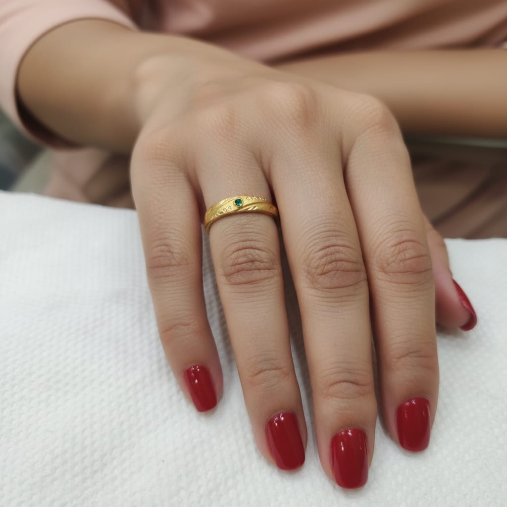 Micro Gold Plated Leaf Engraved Band Ring with Solitaire Emerald CZ