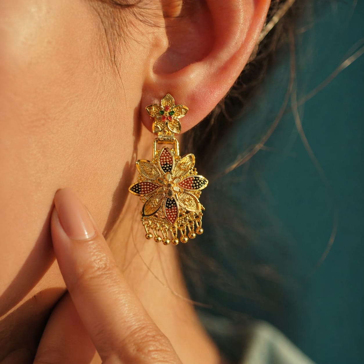 Gold Tone Meenakari Floral Drop Earrings