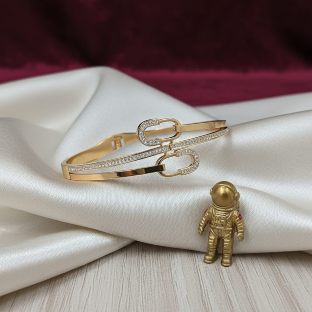 Gold Double Band Interlocking CZ Link Bangle