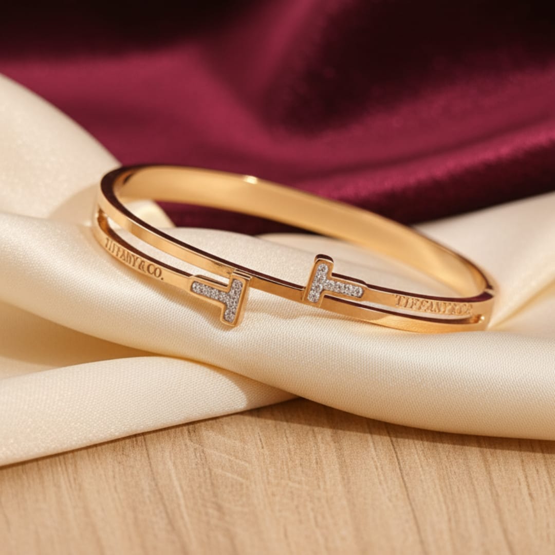 Gold Double T-Bar Diamond Bangle