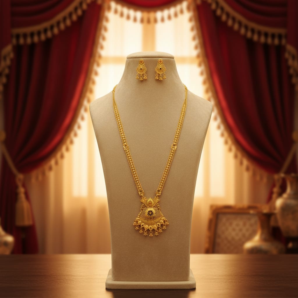 Gold Finish Long Ranihaar Chain Set with Earrings