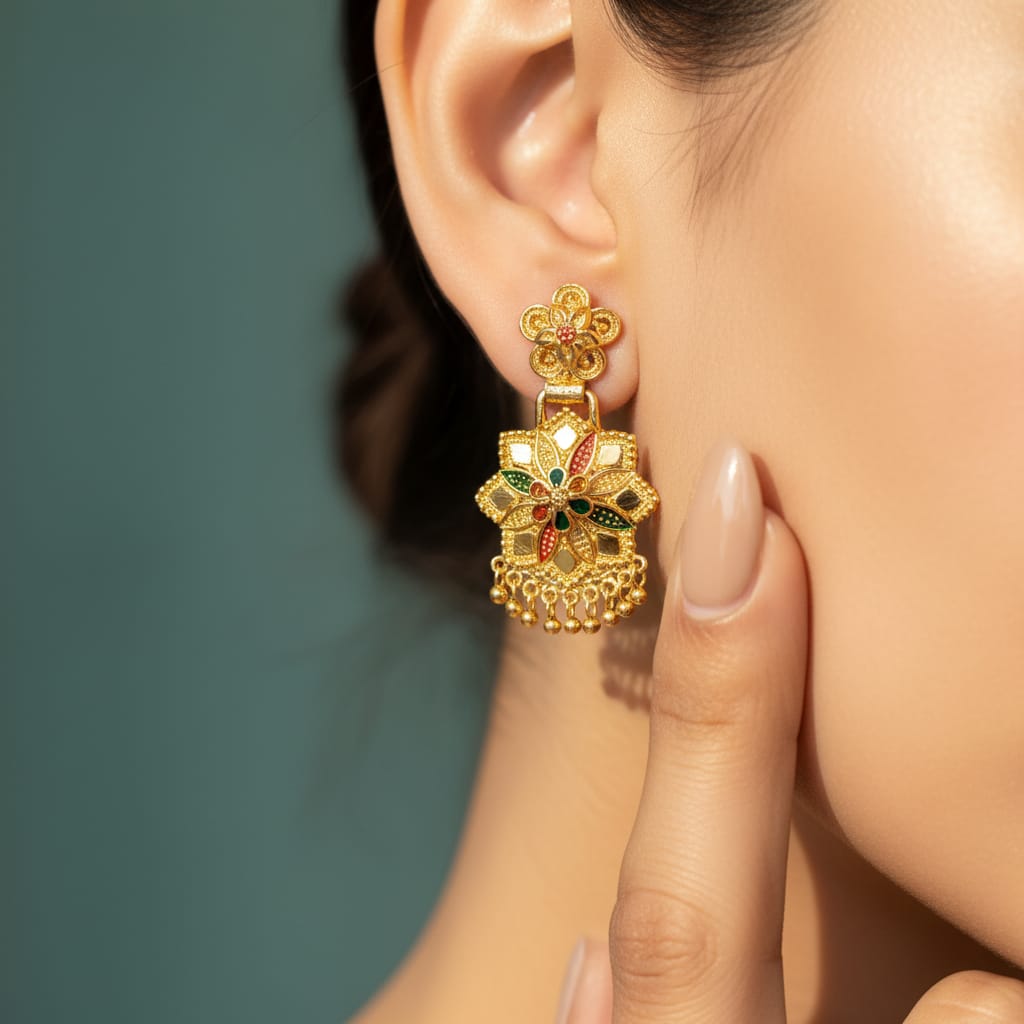 Gold Meenakari Floral Drop Earrings