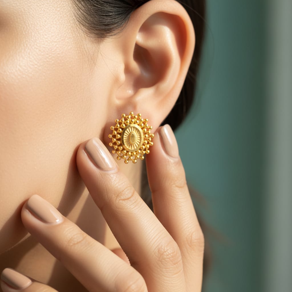 Gold Oval Sunburst Ghungroo Stud Earrings
