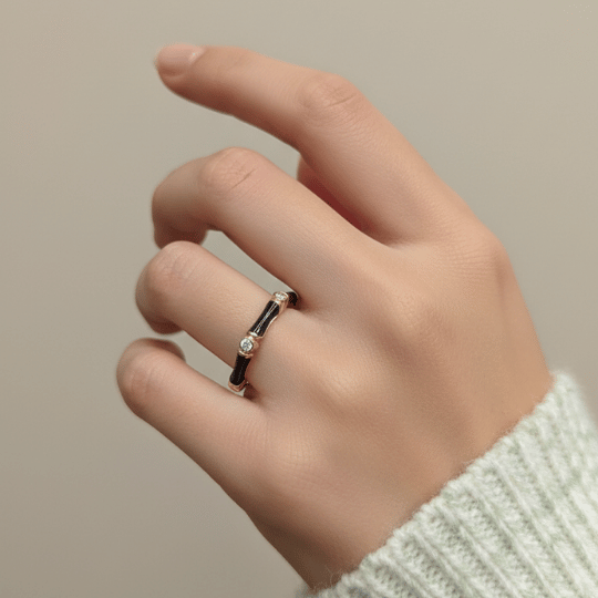 Gold Plated Black Enamel CZ Bezel Open Band Ring