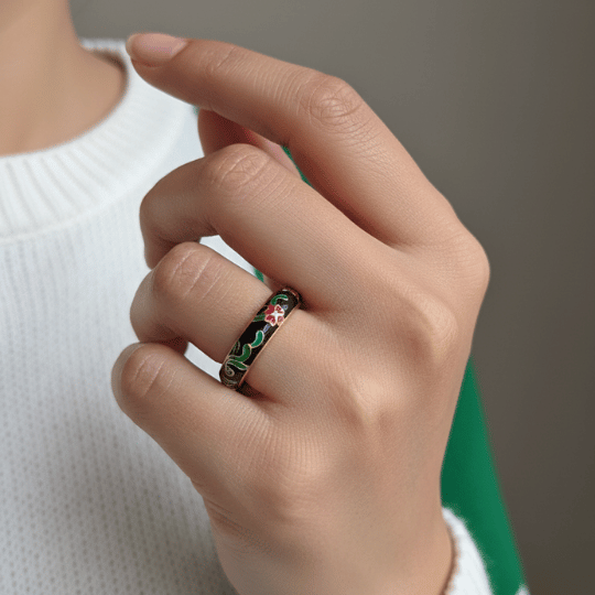 Gold Plated Black Enamel Red Floral Green Vine Dome Band Ring