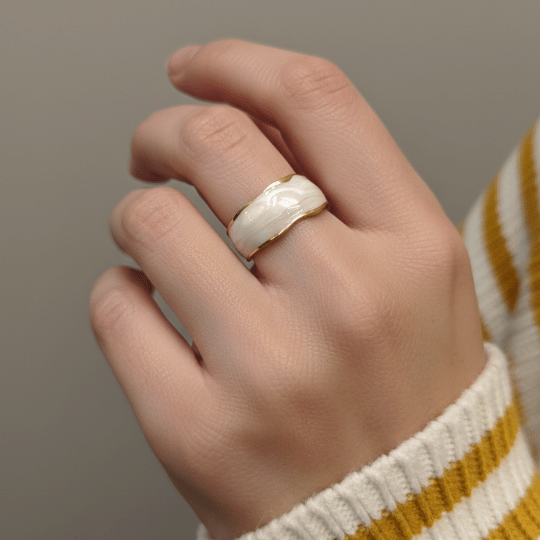 Gold Plated Broad White Enamel Open Band Ring