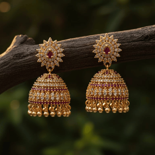 Gold Plated CZ Jhumka with Sunburst Stud