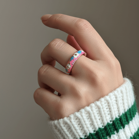 Gold Plated Pink Enamel Blue White Butterfly Dome Band Ring