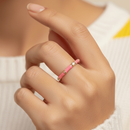 Gold Plated Pink Enamel CZ Bead Band Ring