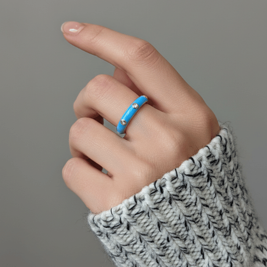 Gold Plated Sky Blue Enamel CZ Dot Open Band Ring