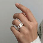 Gold Plated White Enamel Abstract Cutout Broad Open Band Ring