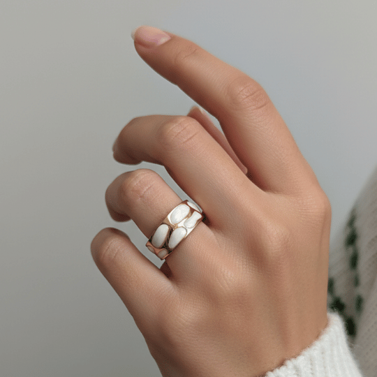 Gold Plated White Enamel Abstract Cutout Broad Open Band Ring
