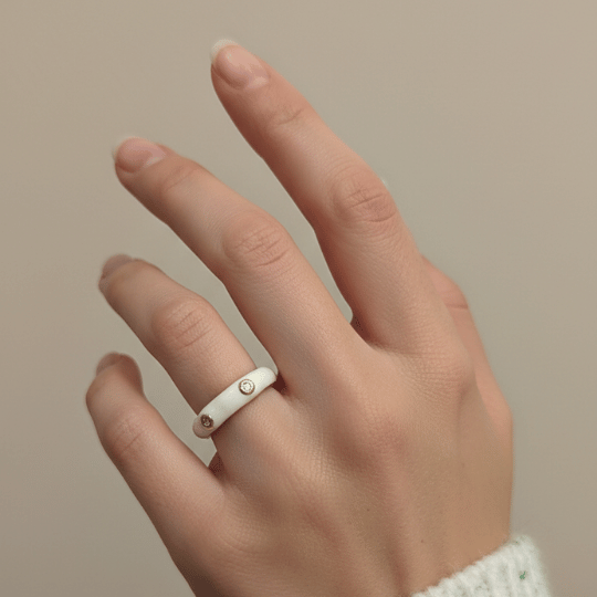 Gold Plated White Enamel CZ Bezel Band Ring