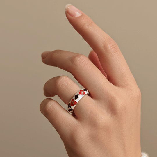 Gold Plated White Enamel Red Black Clover Band Ring