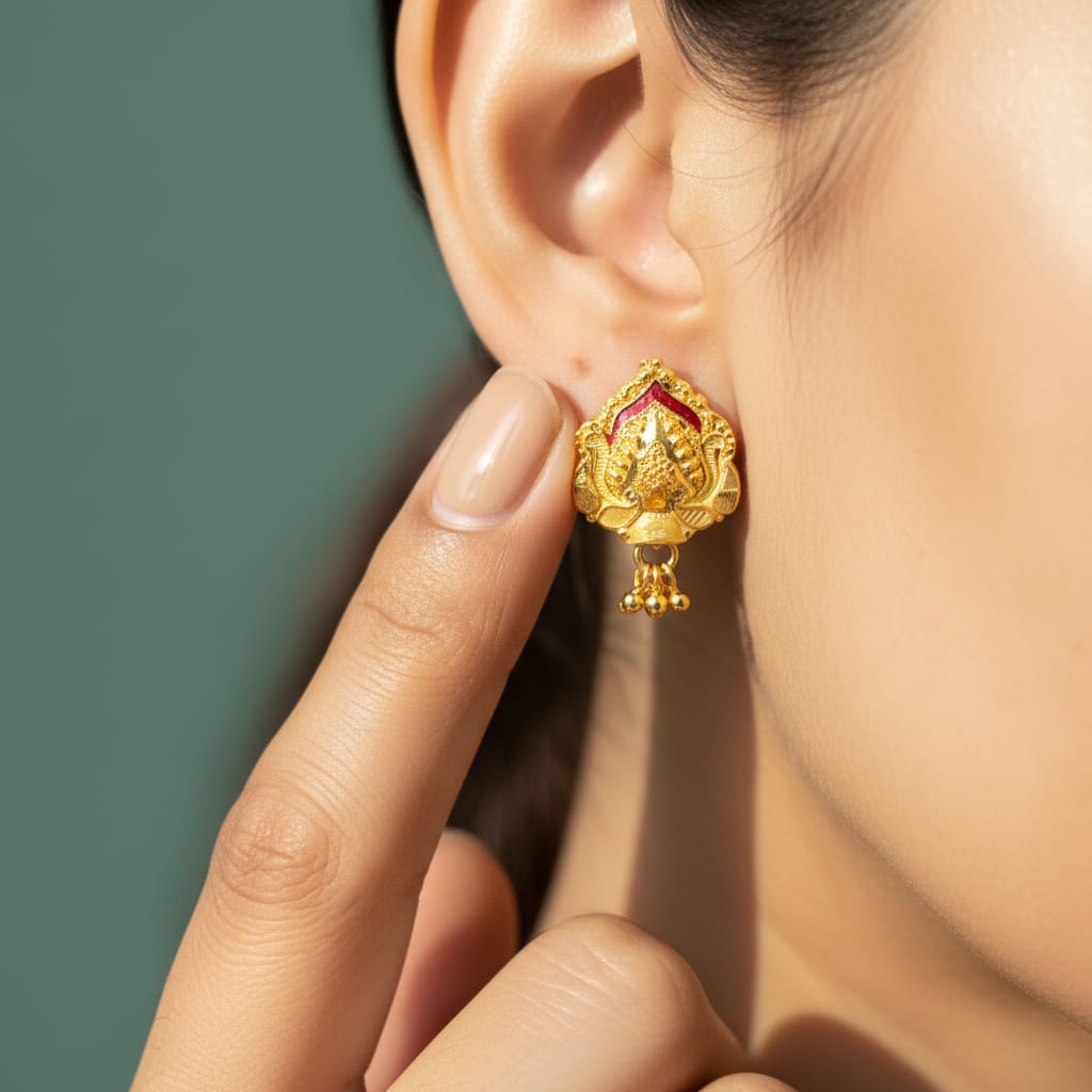 Gold Rajwadi Lotus Meenakari Stud Earrings
