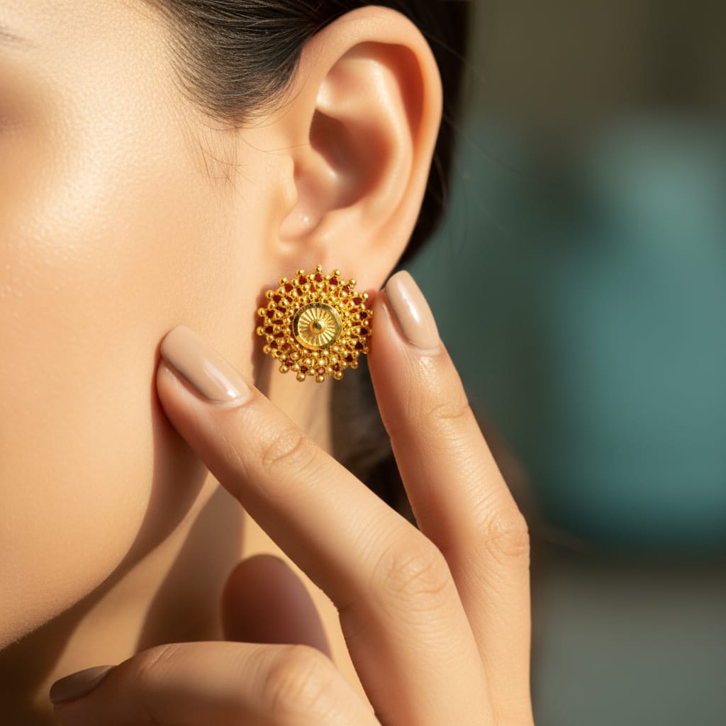Gold Round Ghungroo Stud Earrings