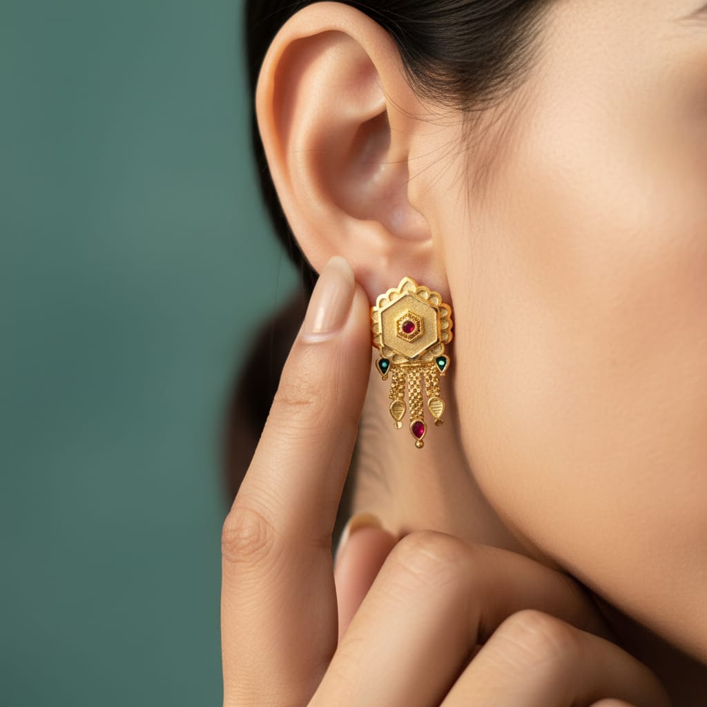 Gold Ruby Emerald Chain Tassel Earrings