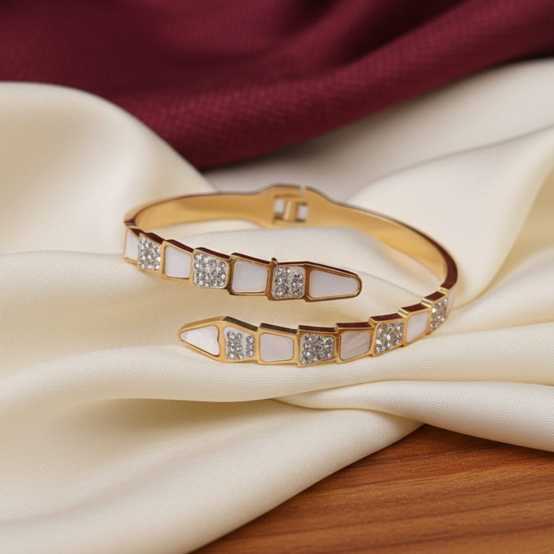 Gold Serpent Wrap White Enamel CZ Bangle