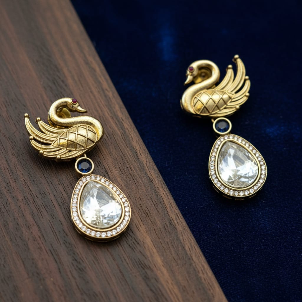 Gold Swan Motif Crystal Teardrop Earrings