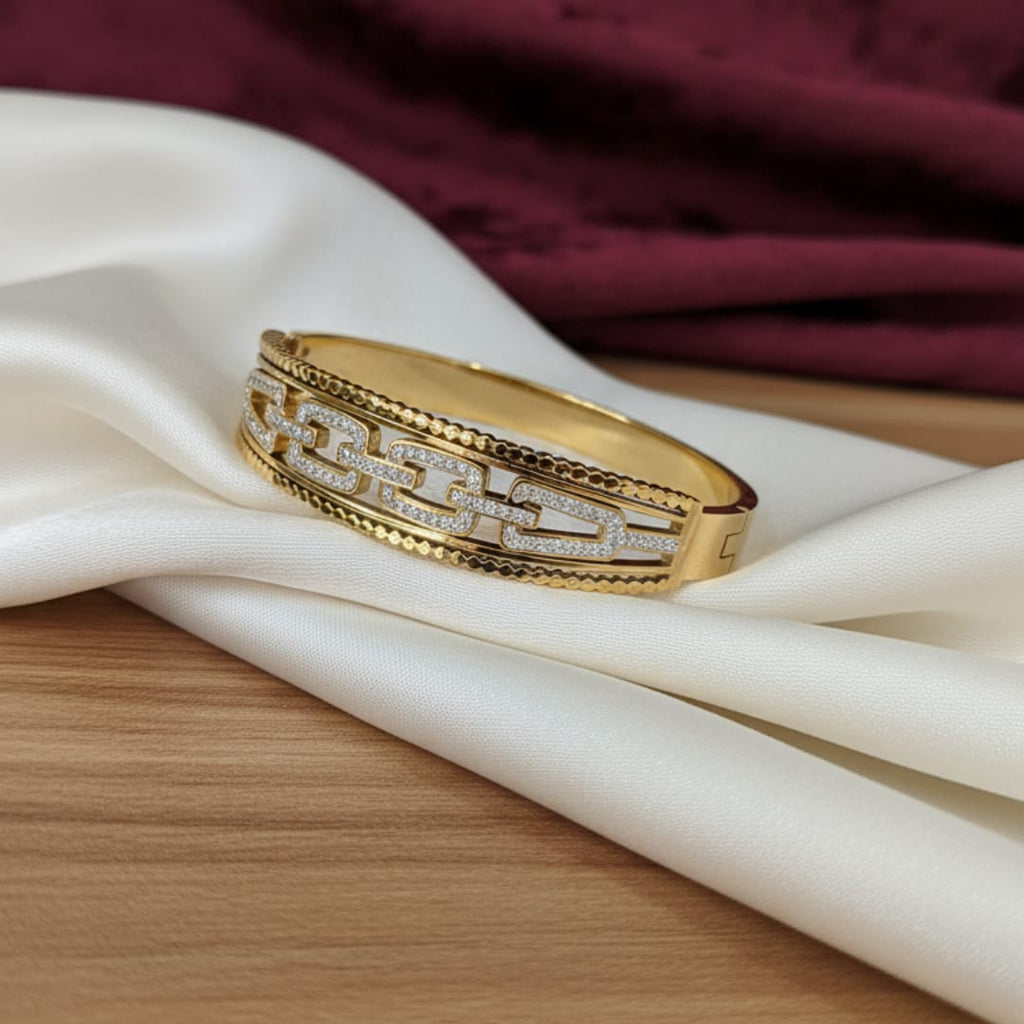 Gold Wide Cuff CZ Chain Link Milgrain Bangle