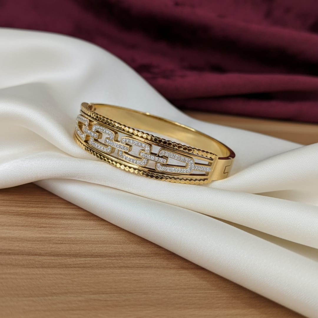 Gold Wide Cuff CZ Chain Link Milgrain Bangle
