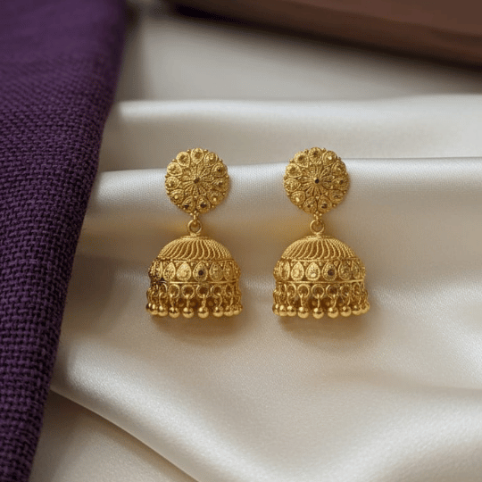 Micro Gold Plated Floral Mandala Jhumka Earrings with Teardrop Cutwork