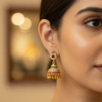 Micro Gold Jhumki with Ruby & Emerald CZ