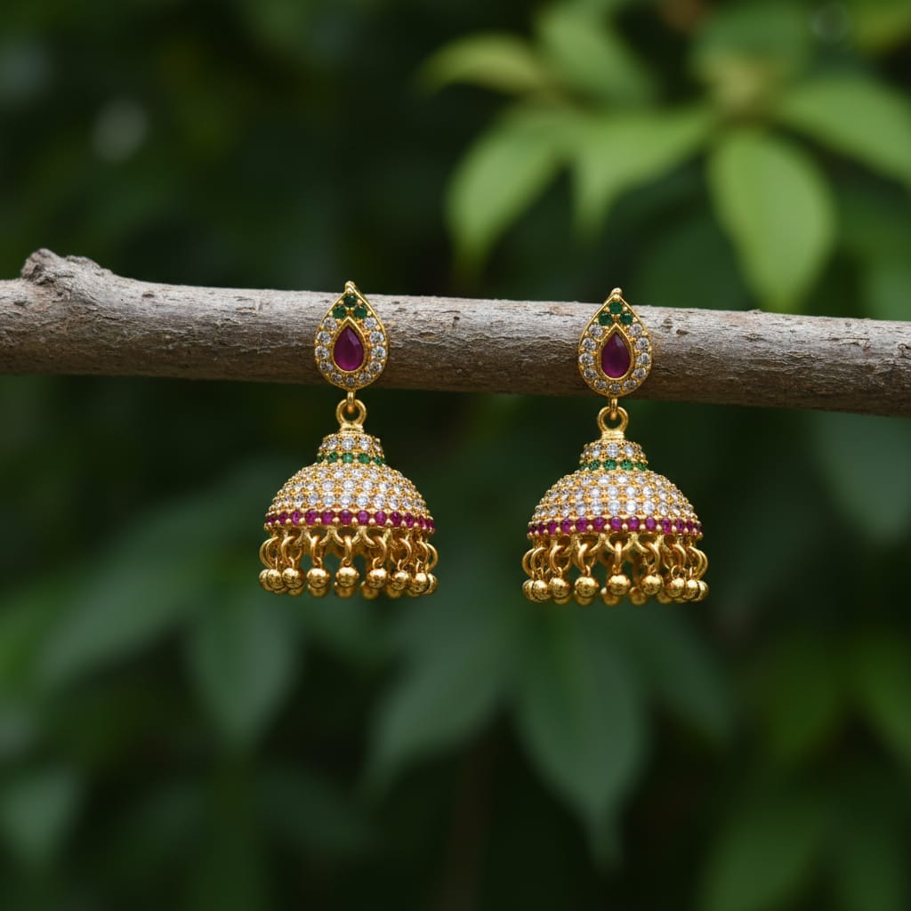 Micro Gold Jhumki with Ruby & Emerald CZ