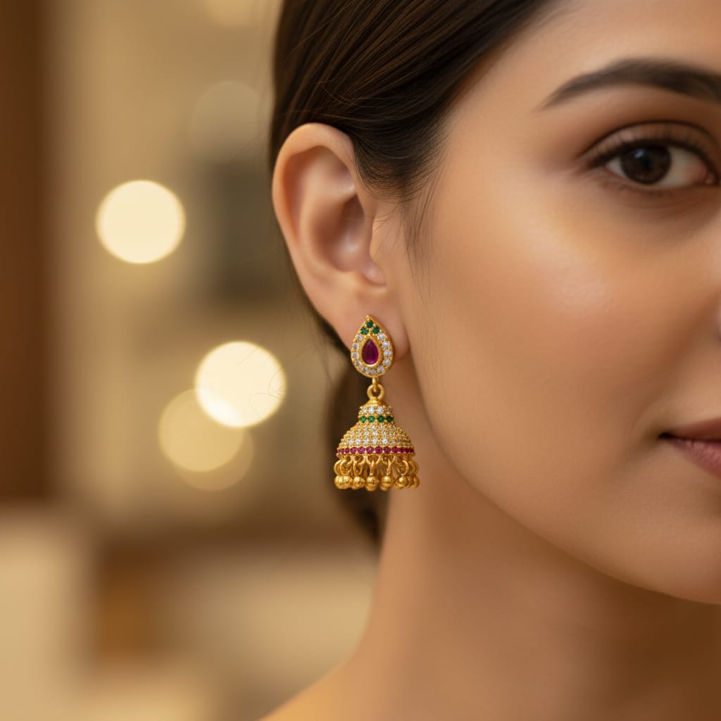 Micro Gold Jhumki with Ruby & Emerald CZ