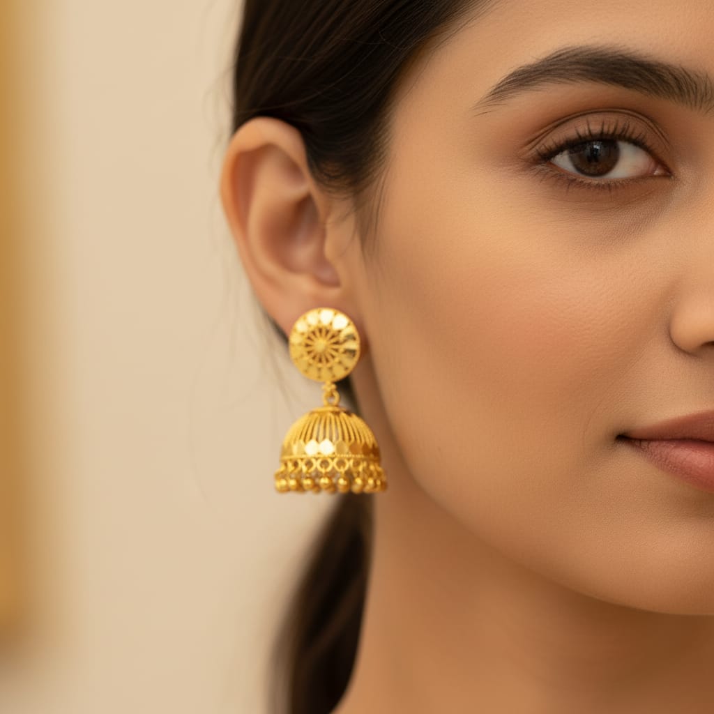 Micro Gold Plain Jhumki with Sunburst Stud