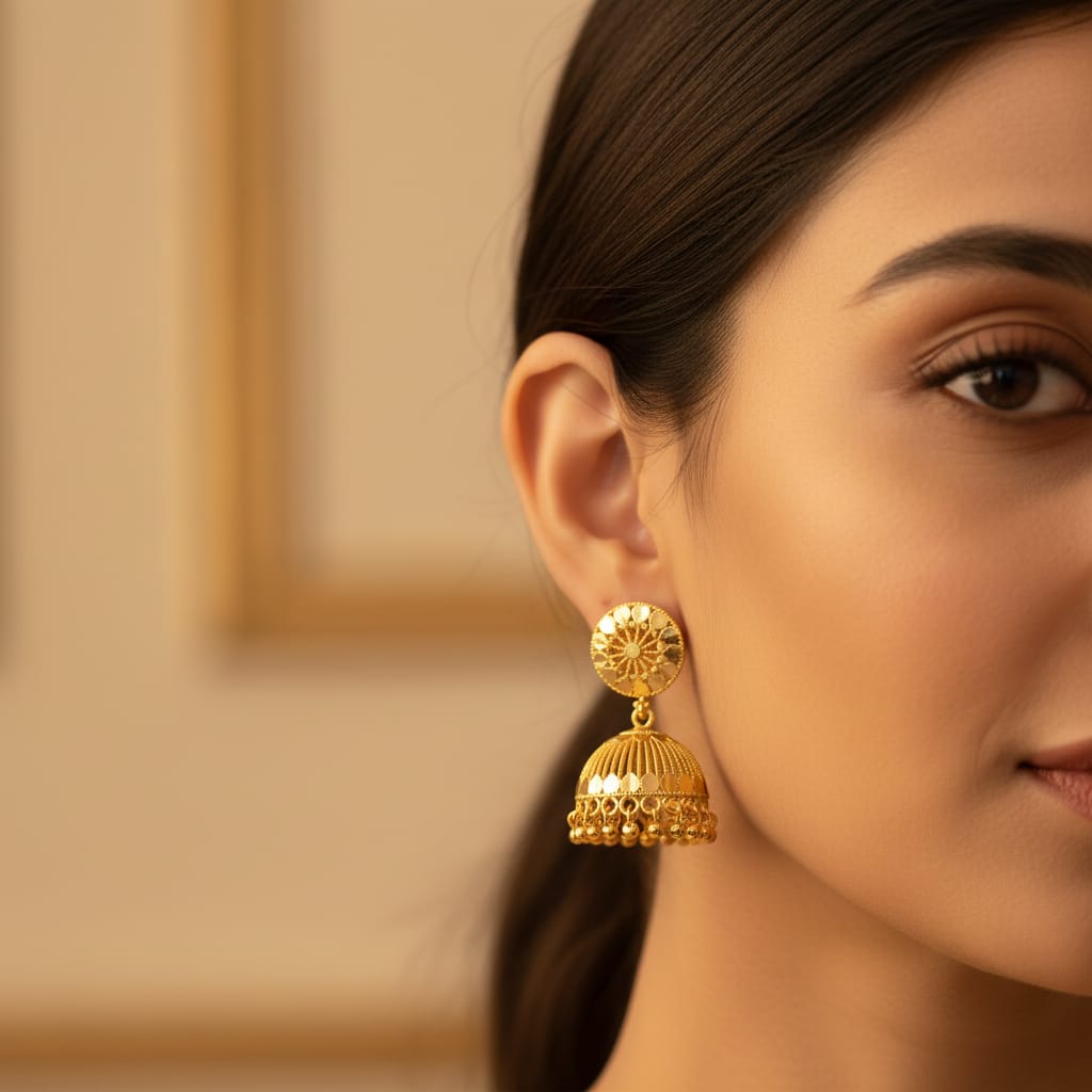 Micro Gold Plain Jhumki with Sunburst Stud