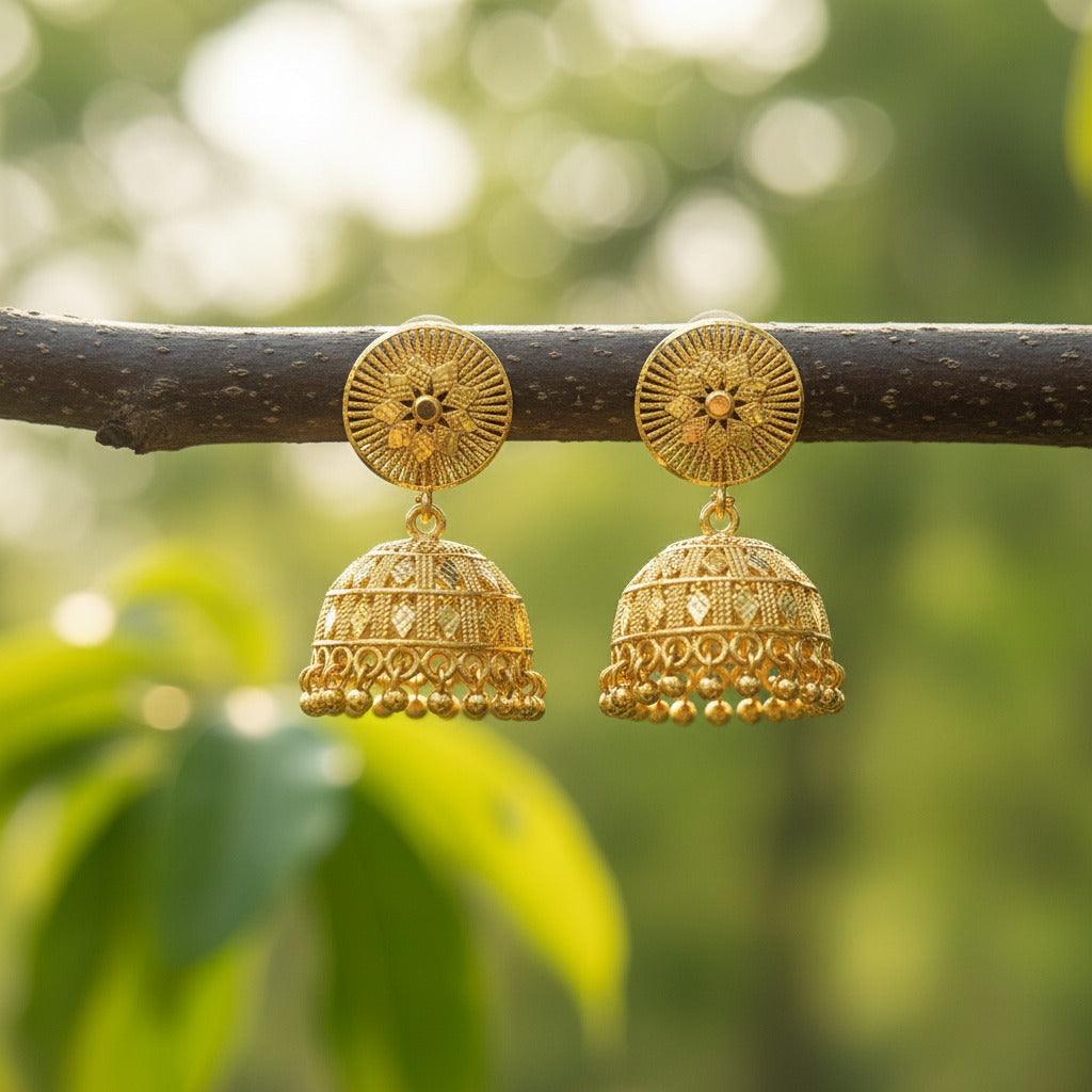 Micro Gold Plated Sunburst Lattice Jhumka Earrings with Gold Bead Drops