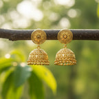Micro Gold Plated Sunburst Lattice Jhumka Earrings with Gold Bead Drops