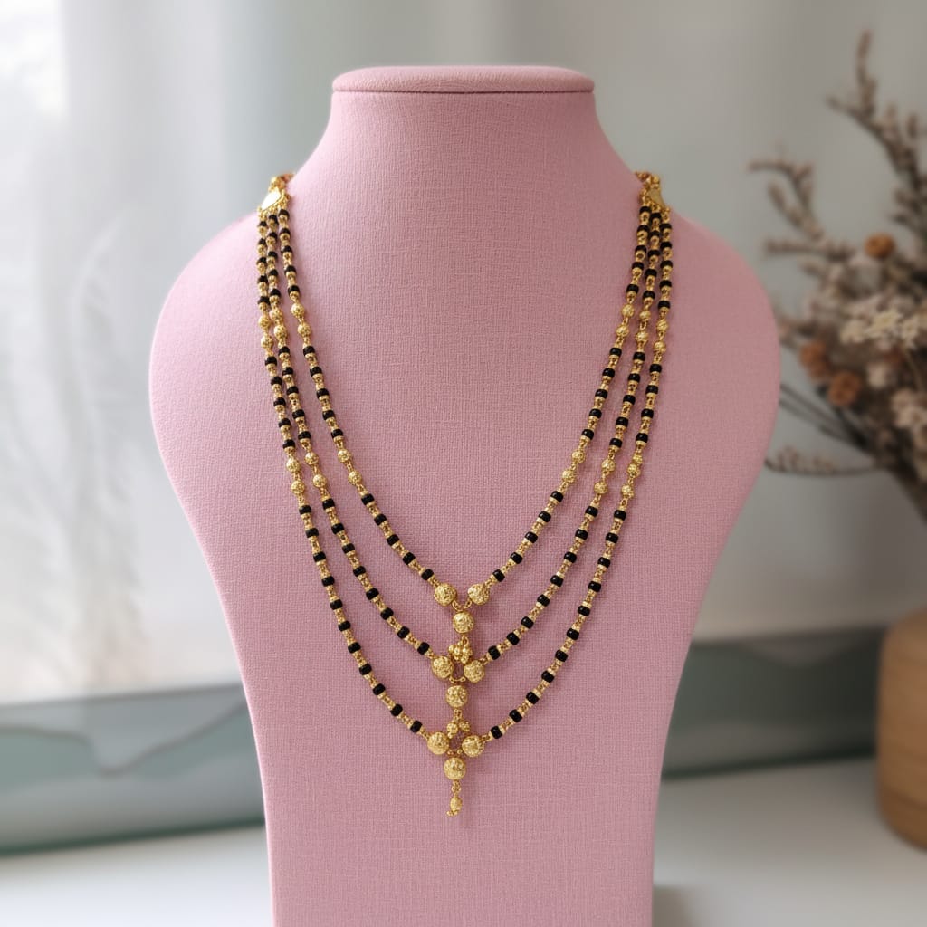 Micro Gold Plated 3-Layer Black Bead Mangalsutra