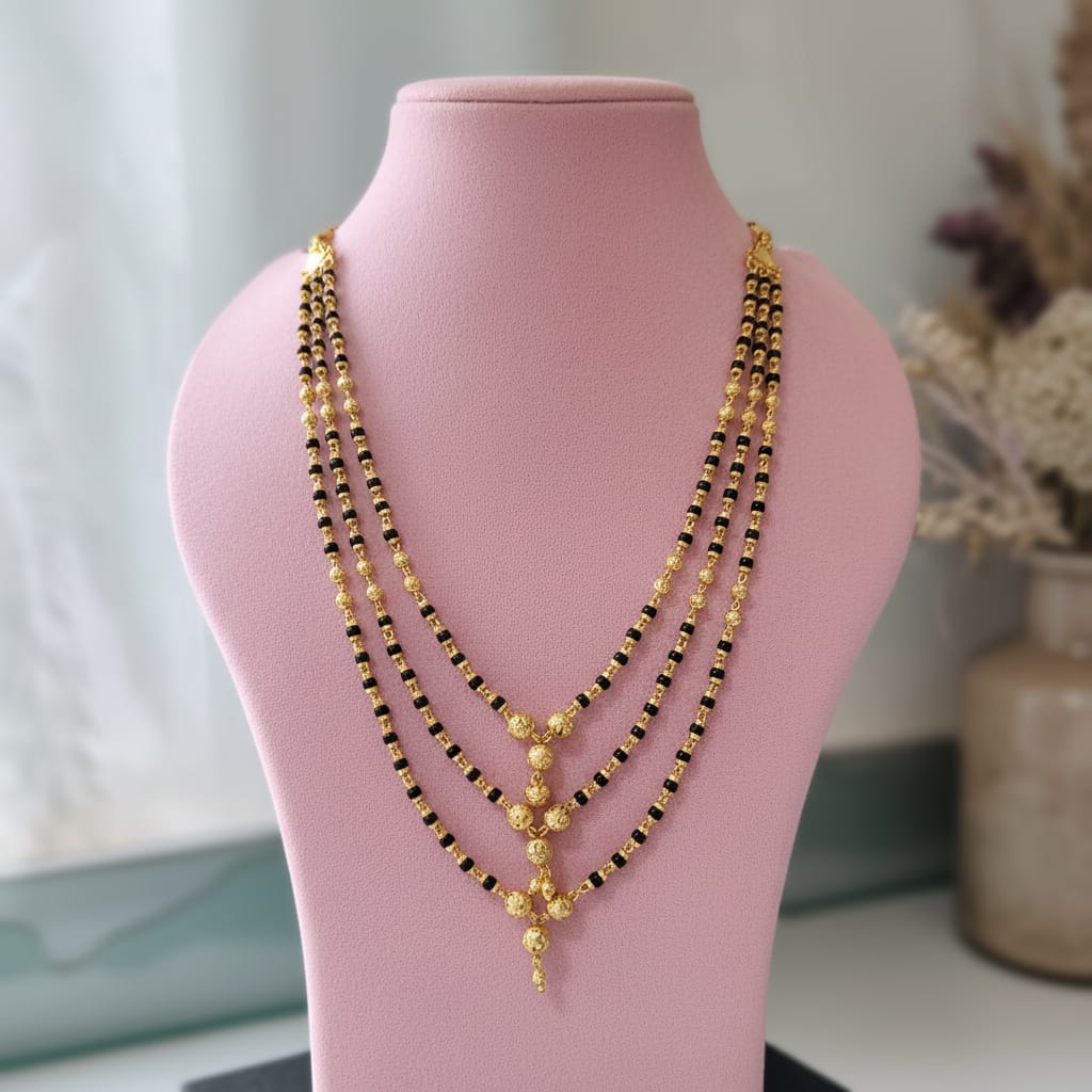 Micro Gold Plated 3-Layer Black Bead Mangalsutra