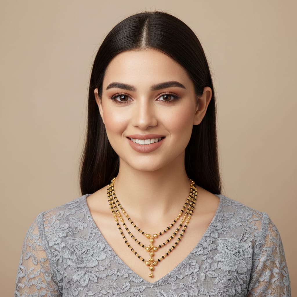 Micro Gold Plated 3-Layer Black Bead Mangalsutra