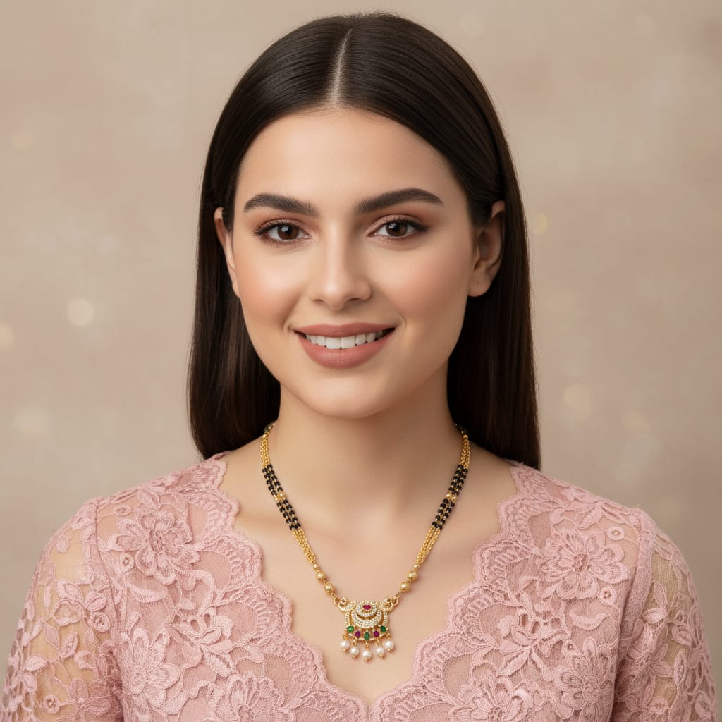 Micro Gold Plated  Mangalsutra with Ruby, Emerald & Pearl Drops