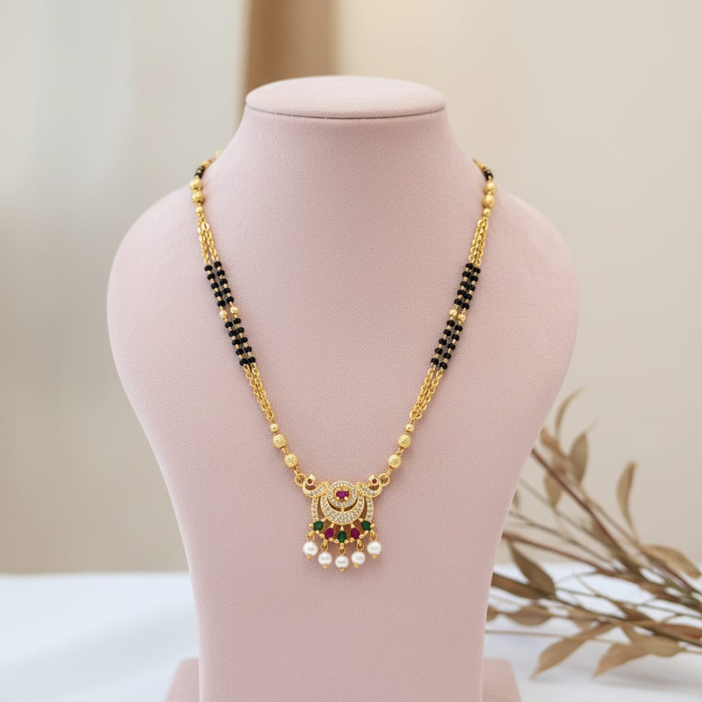 Micro Gold Plated  Mangalsutra with Ruby, Emerald & Pearl Drops