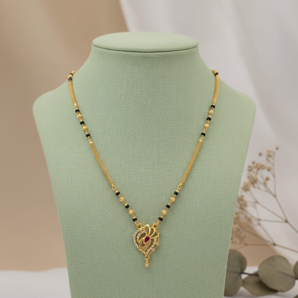 Gold-Plated CZ Peacock Feather Ruby Mangalsutra | One Gram Gold