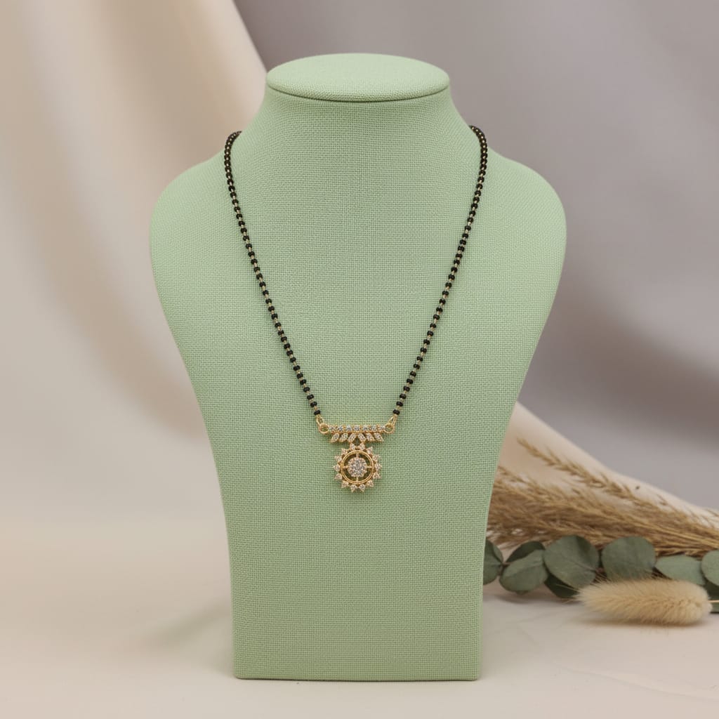 Gold-Plated CZ Sunburst Wheel Pendant Mangalsutra | One Gram Gold