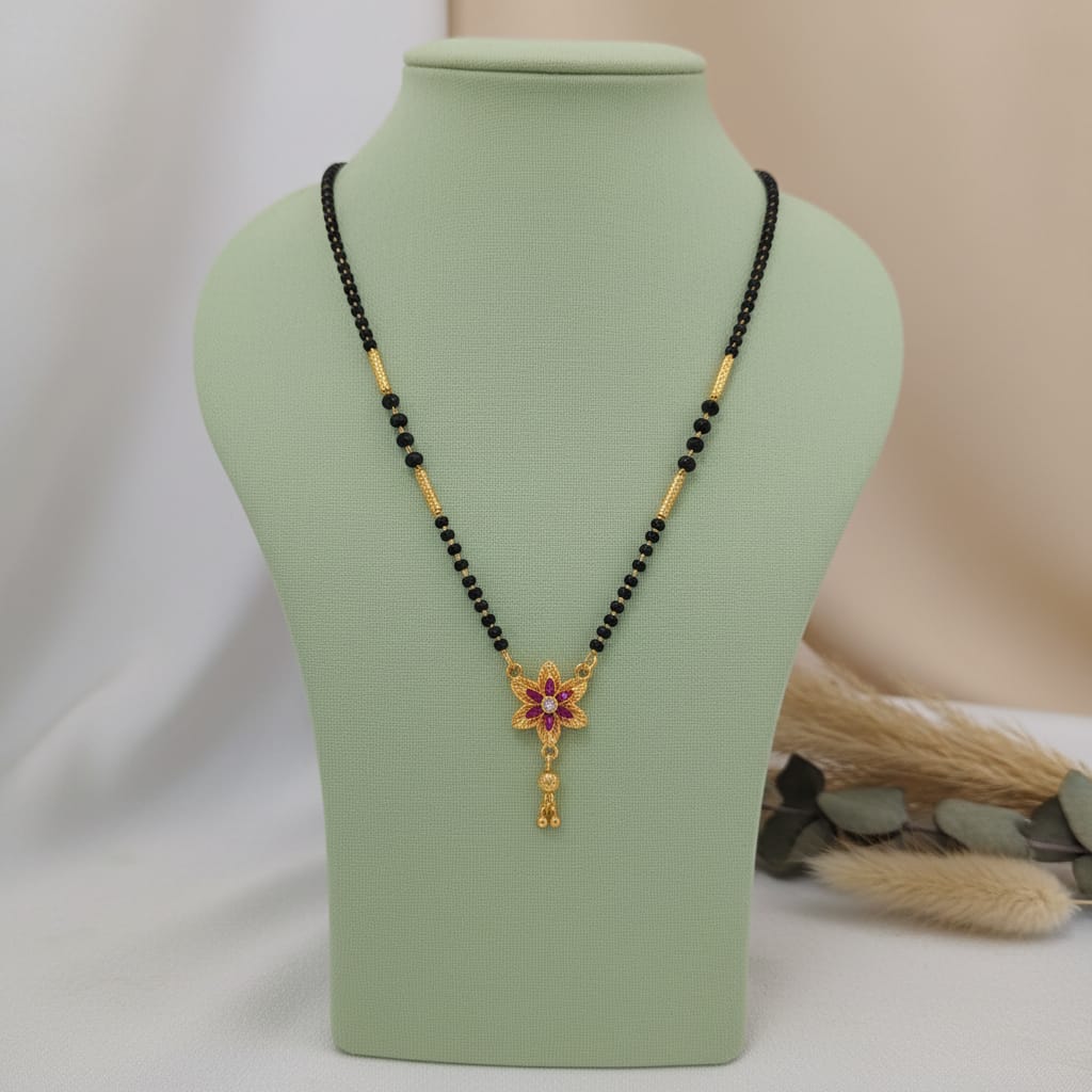 Gold-Plated Ruby CZ Star Flower Tassel Mangalsutra | One Gram Gold