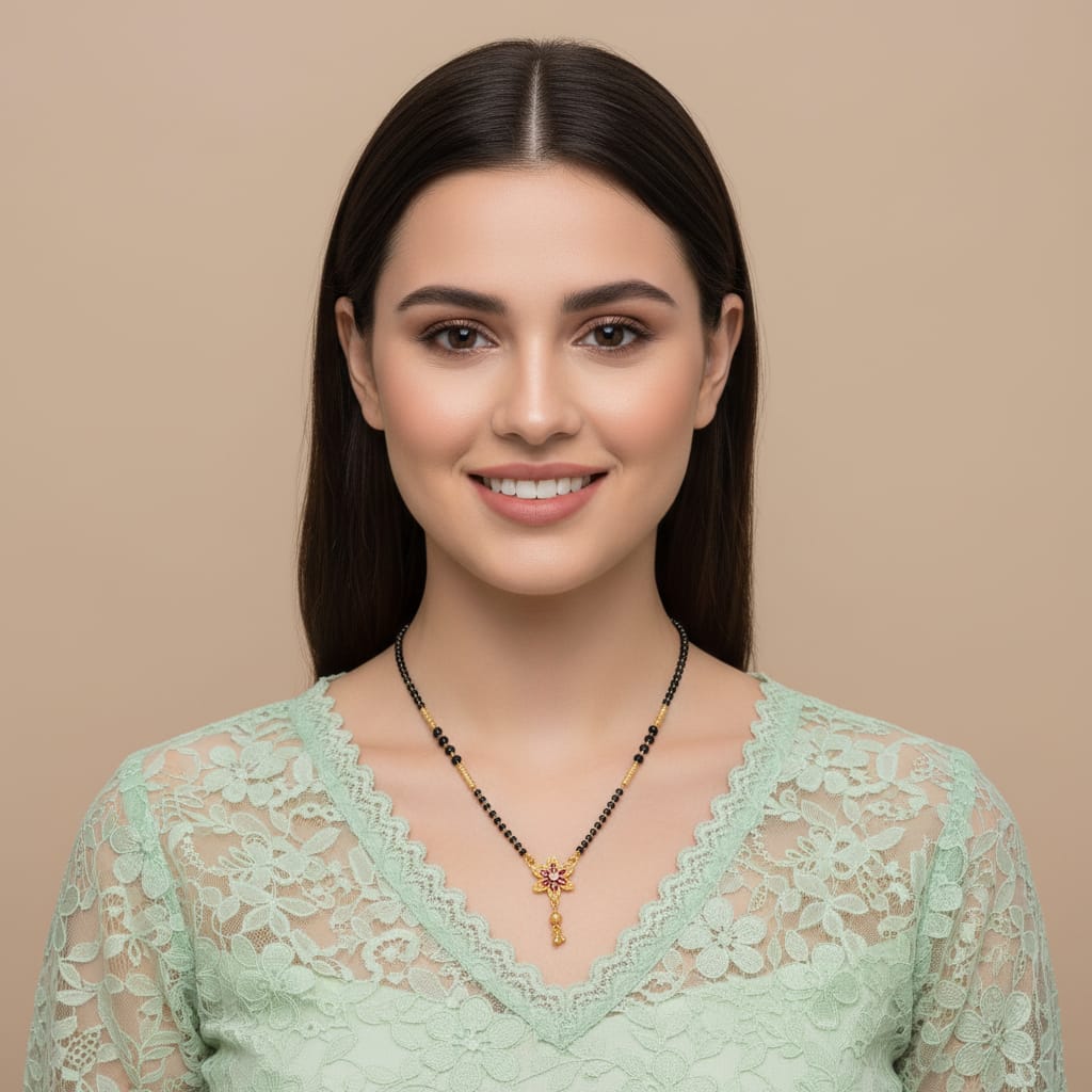 Gold-Plated Ruby CZ Star Flower Tassel Mangalsutra | One Gram Gold