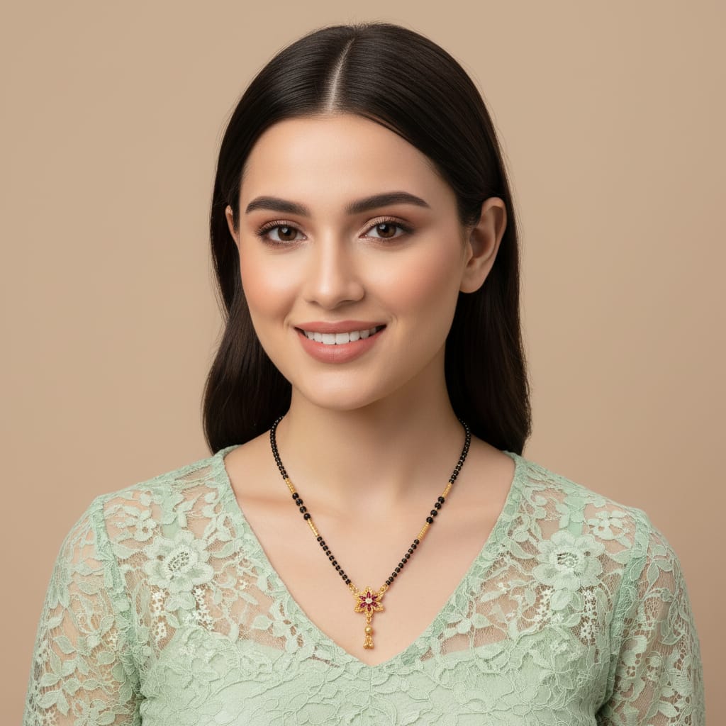 Gold-Plated Ruby CZ Star Flower Tassel Mangalsutra | One Gram Gold