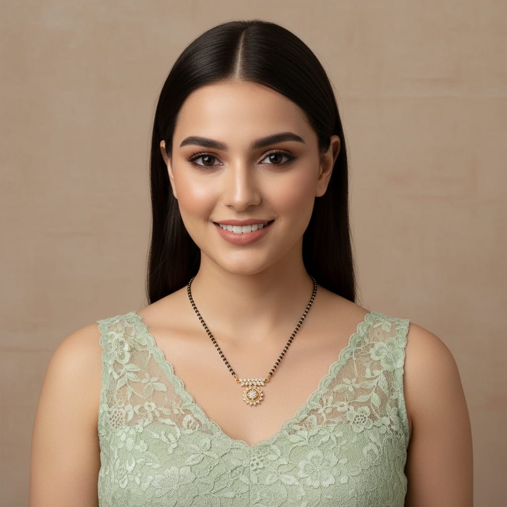 Gold-Plated CZ Sunburst Wheel Pendant Mangalsutra | One Gram Gold