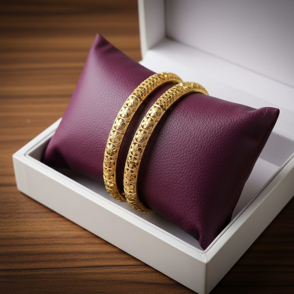 1 Gram Gold Bangles – Floral Textured Set