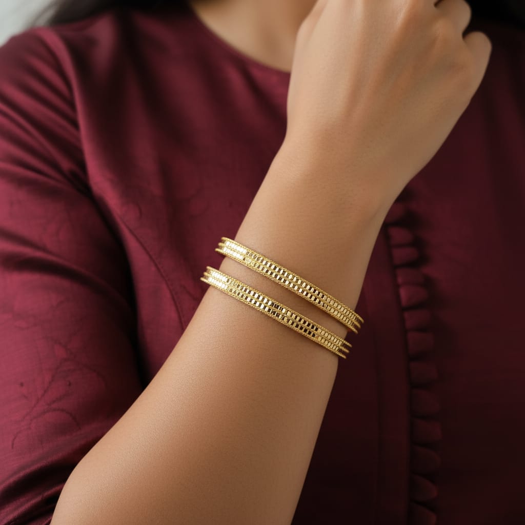 1 Gram Gold Lattice Texture Bangles – Set of 2