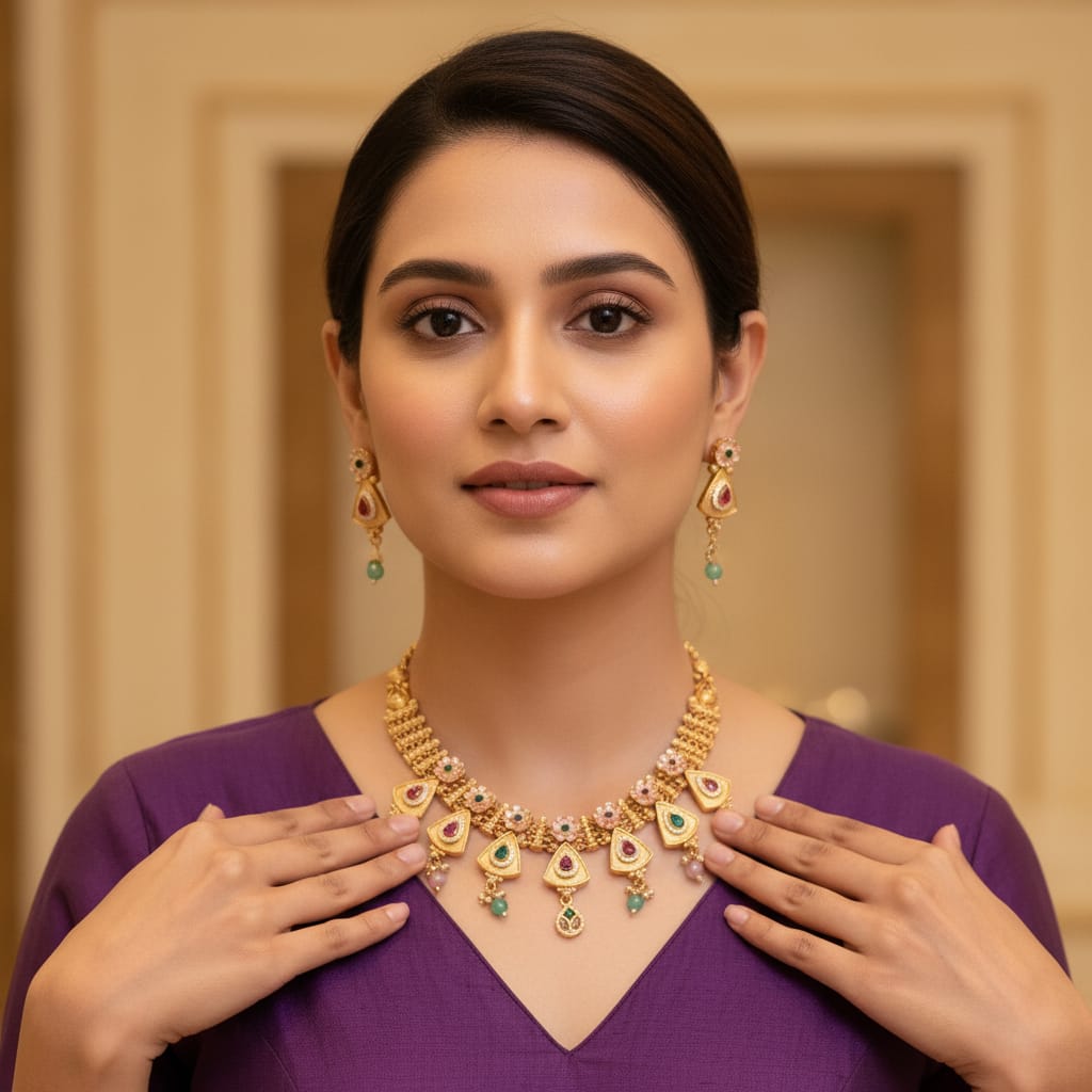 Rajwadi Antique Gold Triangle Drop Necklace Set