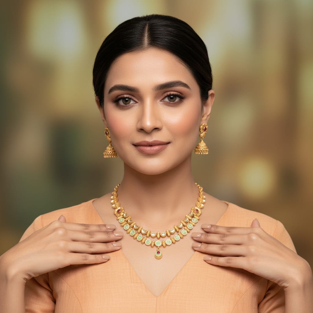 Rajwadi Mint Meenakari Necklace Set with Jhumka Earrings