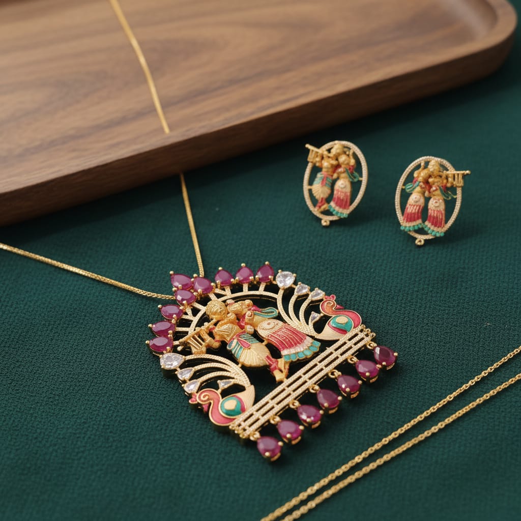 Radha Krishna CZ Chain Pendant Set with Earrings